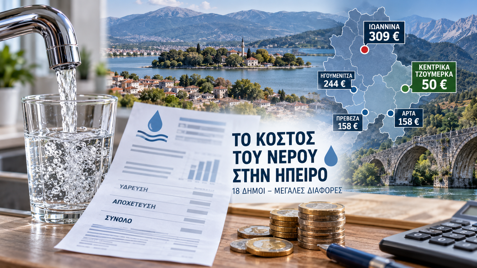 Νερό στην Ήπειρο: Από 50 έως 309 ευρώ τον χρόνο – Μεγάλες διαφορές στους λογαριασμούς των 18 δήμων