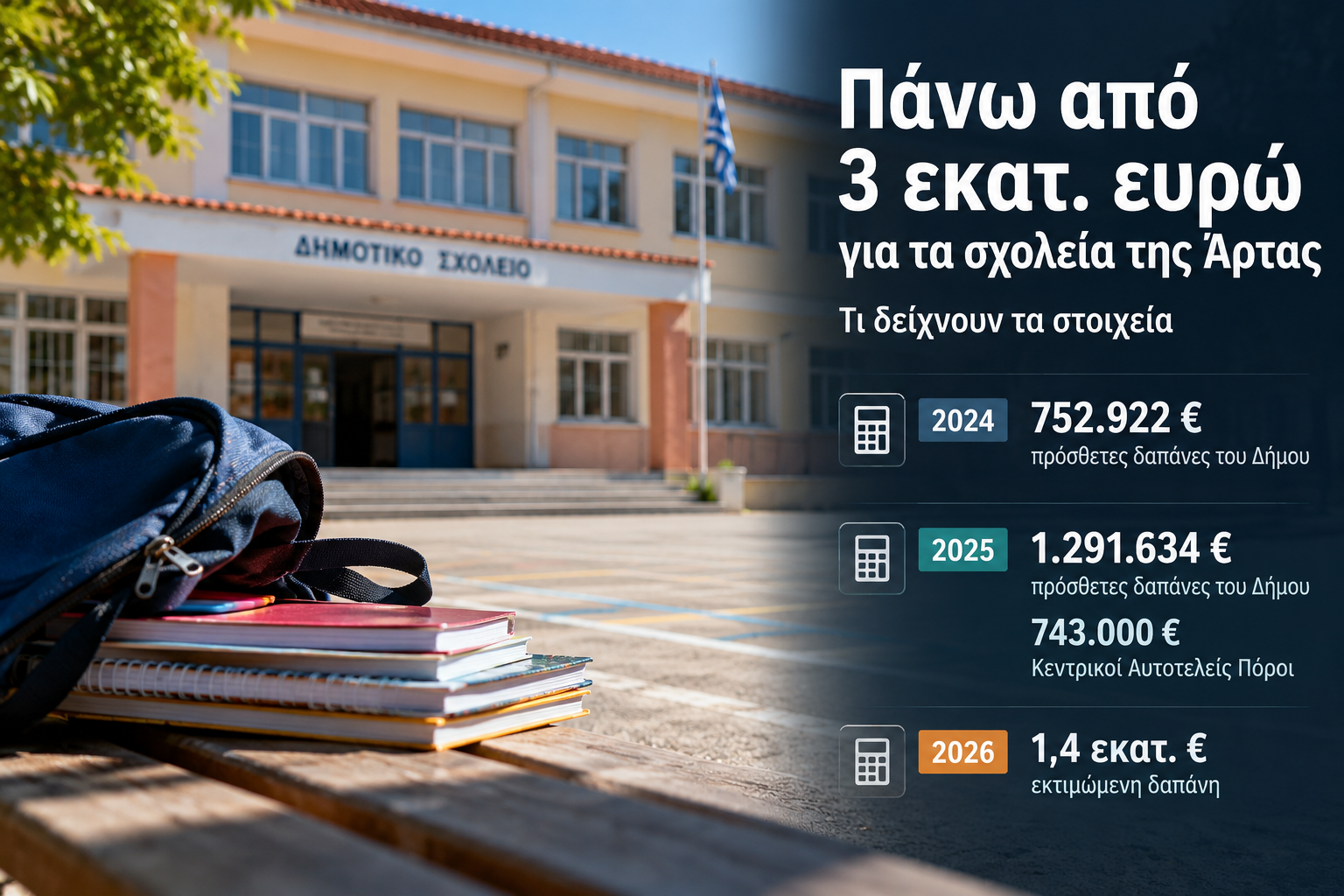 Πάνω από 3 εκατ. ευρώ για τα σχολεία της Άρτας – Το αυξημένο κόστος μετά την κατάργηση των Σχολικών Επιτροπών